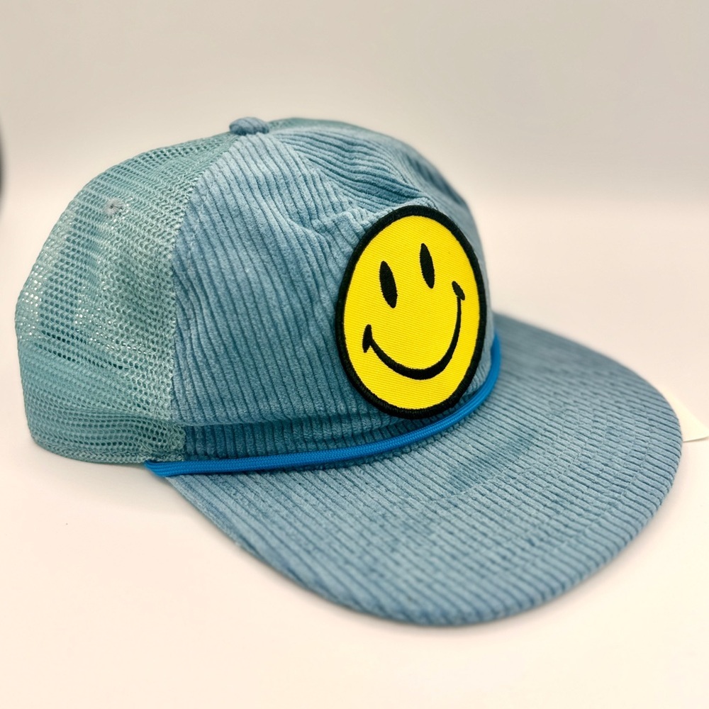 Aviator Nation Blue Corduroy Trucker Hat with Yellow Smiley Patch
